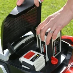 Cobra RM43SP80V 80V Self-Propelled Rear Roller Cordless Lawn Mower (with 2 X 40V 5Ah Batteries & 2 X Fast Chargers) -Garden Tool Store cobra 80v lawnmower battery compartment 2 1