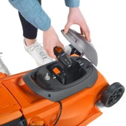 Flymo EasiStore 380R Li 36V Push Cordless Lawn Mower With Rear Roller (with 2 X 2.0Ah 18V Batteries & Chargers) -Garden Tool Store flymo easistore 340r cordless lawnmower battery compartment 1 1