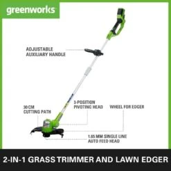 GreenWorks G24LT30MK2 Deluxe 24V Cordless Grass Trimmer / Lawn Edger (with 2Ah Battery And Charger) -Garden Tool Store greenworks g24lt30m grass trimmer features product 1