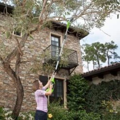 GreenWorks G24PS20K2 24V Cordless Pole Saw (with 2Ah Battery And Charger) (Bundle Builder) -Garden Tool Store greenworks g24ps20 pole saw lifestyle 1 1