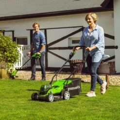 GreenWorks G24X2LM36 3-in-1 36cm 48V Push Cordless Lawn Mower (Bare Tool) -Garden Tool Store greenworks g24x2lm36 lawnmower lifestyle 1 1