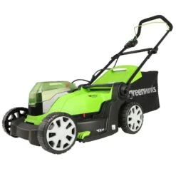GreenWorks G24X2LM41K4X 3-in-1 41cm 48V Push Cordless Lawn Mower (with 2 X 4Ah 24V Batteries & Twin Charger) -Garden Tool Store greenworks g24x2lm41k2x lawn mower angle 2 3 1