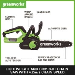 GreenWorks G40CS30IIK2 G-MAX 40V Cordless Chainsaw (with 1 X 2Ah Battery And 2A Charger) -Garden Tool Store greenworks g40cs30ii features product 1