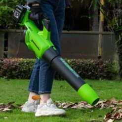 GreenWorks GD24X2ABK2X Brushless 48V (2 X 24V) Cordless Axial Blower (with 2 X 2Ah Batteries & Charger) (Bundle Builder) -Garden Tool Store greenworks gd24x2ab leaf blower lifestyle 1 1