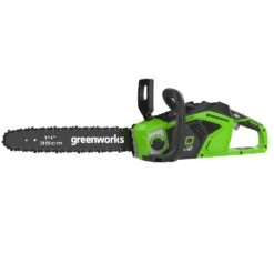 GreenWorks GD40CS15K2 35cm G-MAX 40V Cordless Chainsaw (with 2Ah Battery & 2A Charger) -Garden Tool Store greenworks gd40cs15 chainsaw side 1