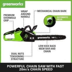 GreenWorks GD40CS18K4 40cm G-MAX 40V Cordless Chainsaw (with 4Ah Battery & 2A Charger) -Garden Tool Store greenworks gd40cs18 chainsaw features product 1