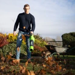 GreenWorks G24X2ABK2X 48V (2 X 24V) Cordless Axial Blower (with 2 X 2Ah 24V Batteries & Charger) (Bundle Builder) -Garden Tool Store greenworks gwg24x2abk2x blower lifestyle 1 1