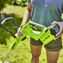 GreenWorks G40T5K2 G-MAX 40V Cordless Grass Trimmer / Edger (with 1 X 2Ah Battery And 2A Charger) -Garden Tool Store greenworks gwg40t5 grass trimmer lifestyle 1 1