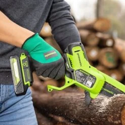 GreenWorks G24MCS10 24V Cordless Mini Pruning Chainsaw (Bare Tool) 13 GreenWorks G24MCS10 24V Cordless Mini Pruning Chainsaw (Bare Tool) -Garden Tool Store greenworks mcs10 mini chainsaw lifestyle 2