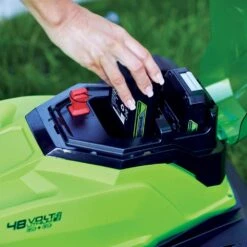 GreenWorks G24X2LM36K2X 3-in-1 36cm 48V Push Cordless Lawn Mower (with 2 X 2Ah 24V Batteries & Twin Charger) -Garden Tool Store gwg24x2lm36 battery housing 2 3