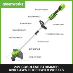 GreenWorks GD24LT33K4 33cm 24V Cordless Grass Trimmer / Lawn Edger (with 4Ah Battery & 2A Charger) -Garden Tool Store gwgd24lt33 features product